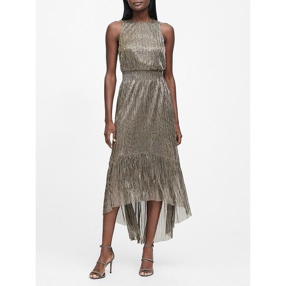 Banana Republic Metallic Sleeveless Hi Low Maxi Dress Size 8 Gold Brown - Picture 1 of 10